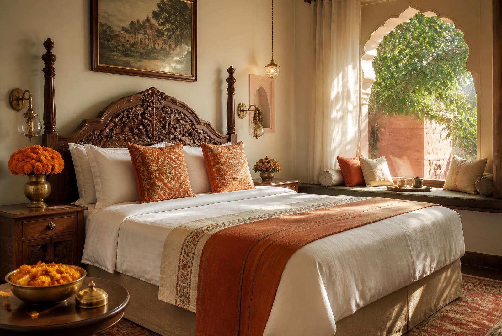 A warm, beautifully designed bedroom in a Vrindavan homestay